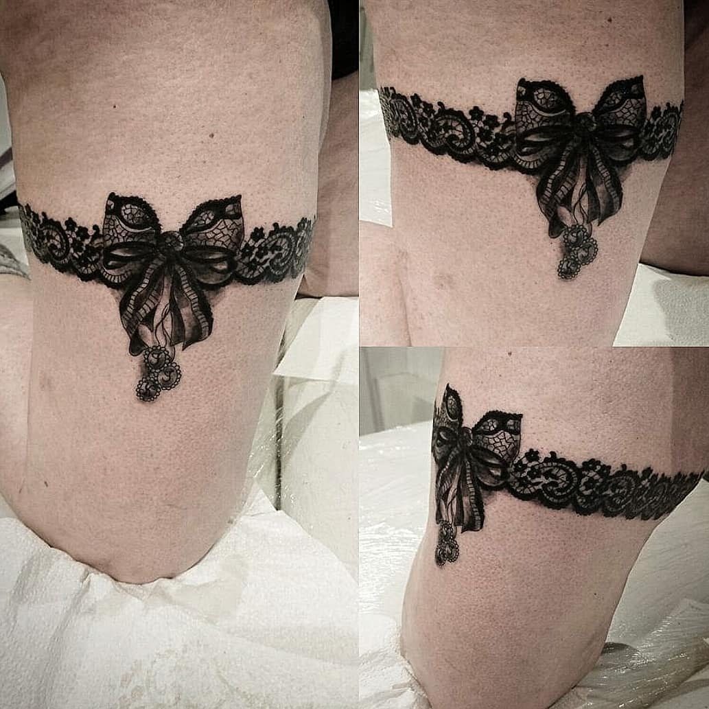 Hot Sale Beauty Fashional Leg Temporary Tattoo For Women Big Bow-tie With  Lace Gun Black
