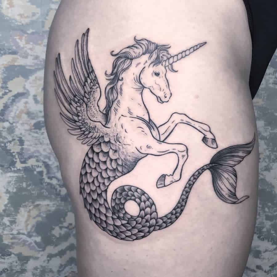Half Pegasus Half Mermaid Black Ink Unique Unicorn Tattoo