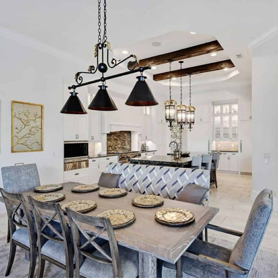 luxury open kitchen dining room table and chairs ceiling pendant lights 