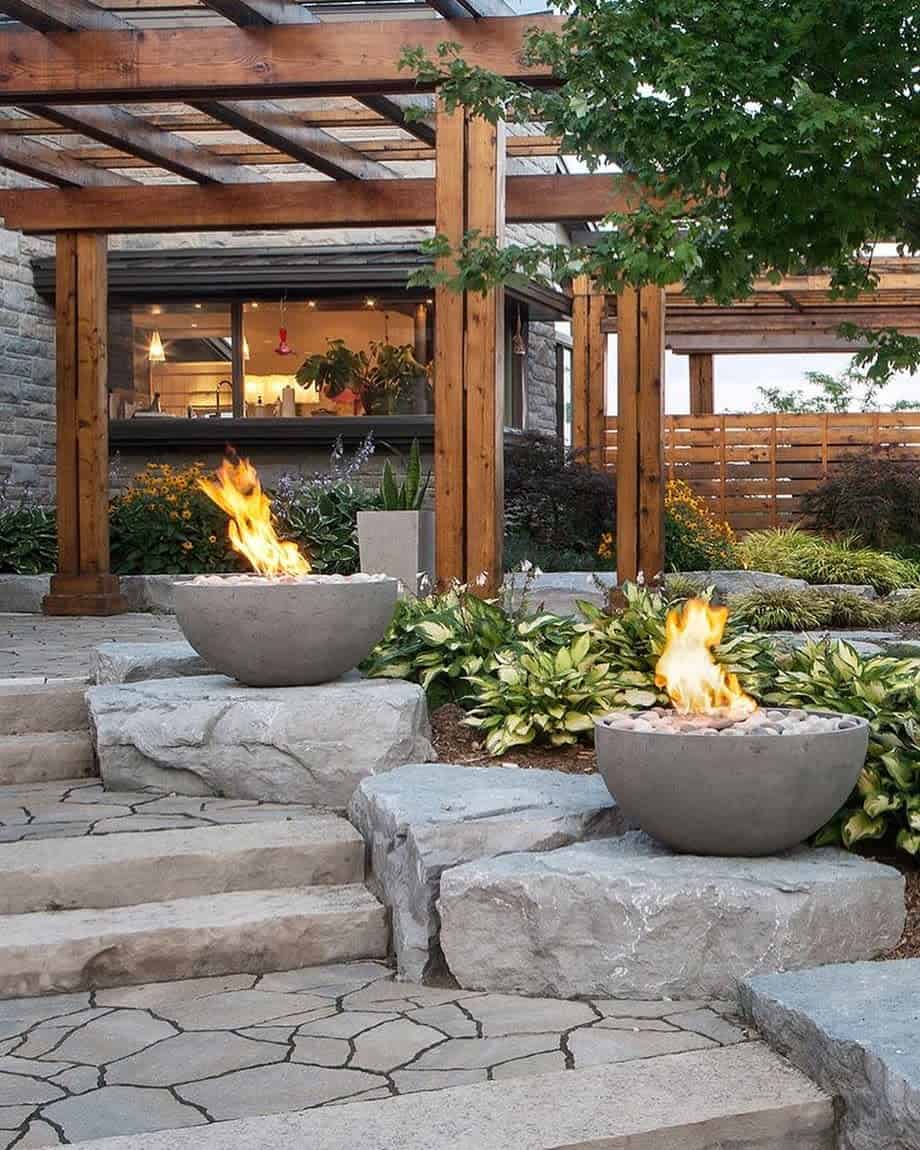 luxury backyard wood gazebo fire decorations stone steps 