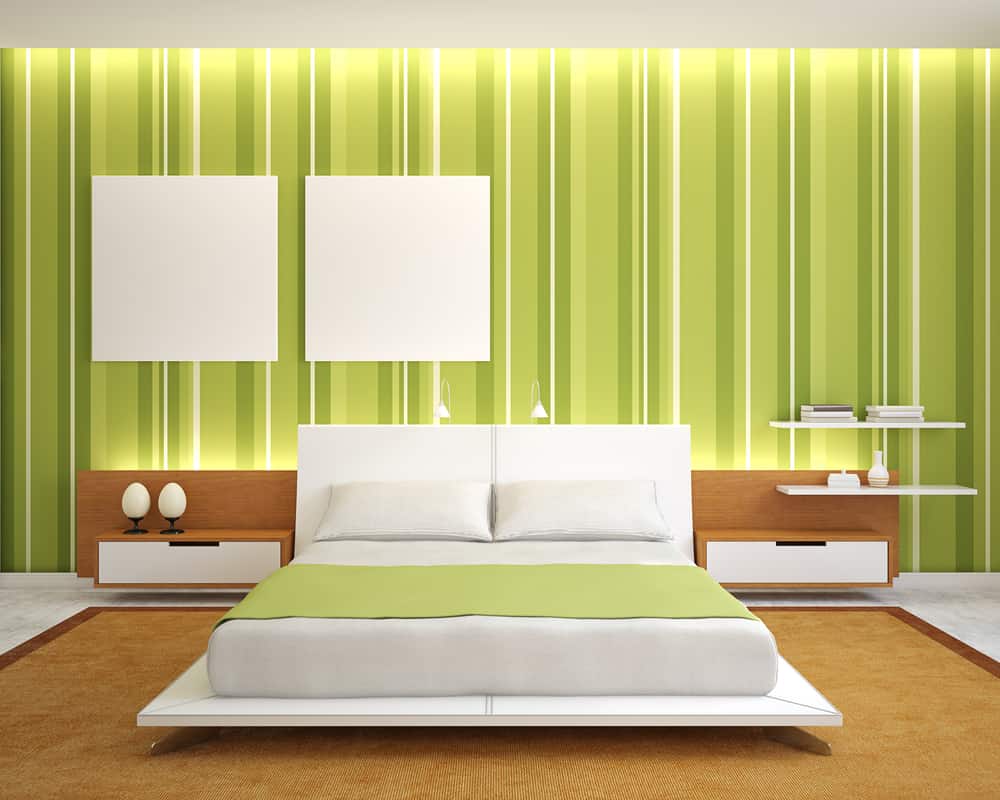 Modern,Bedroom,Interior,With,Green,Walls,And,King-size,Bed.,3d
