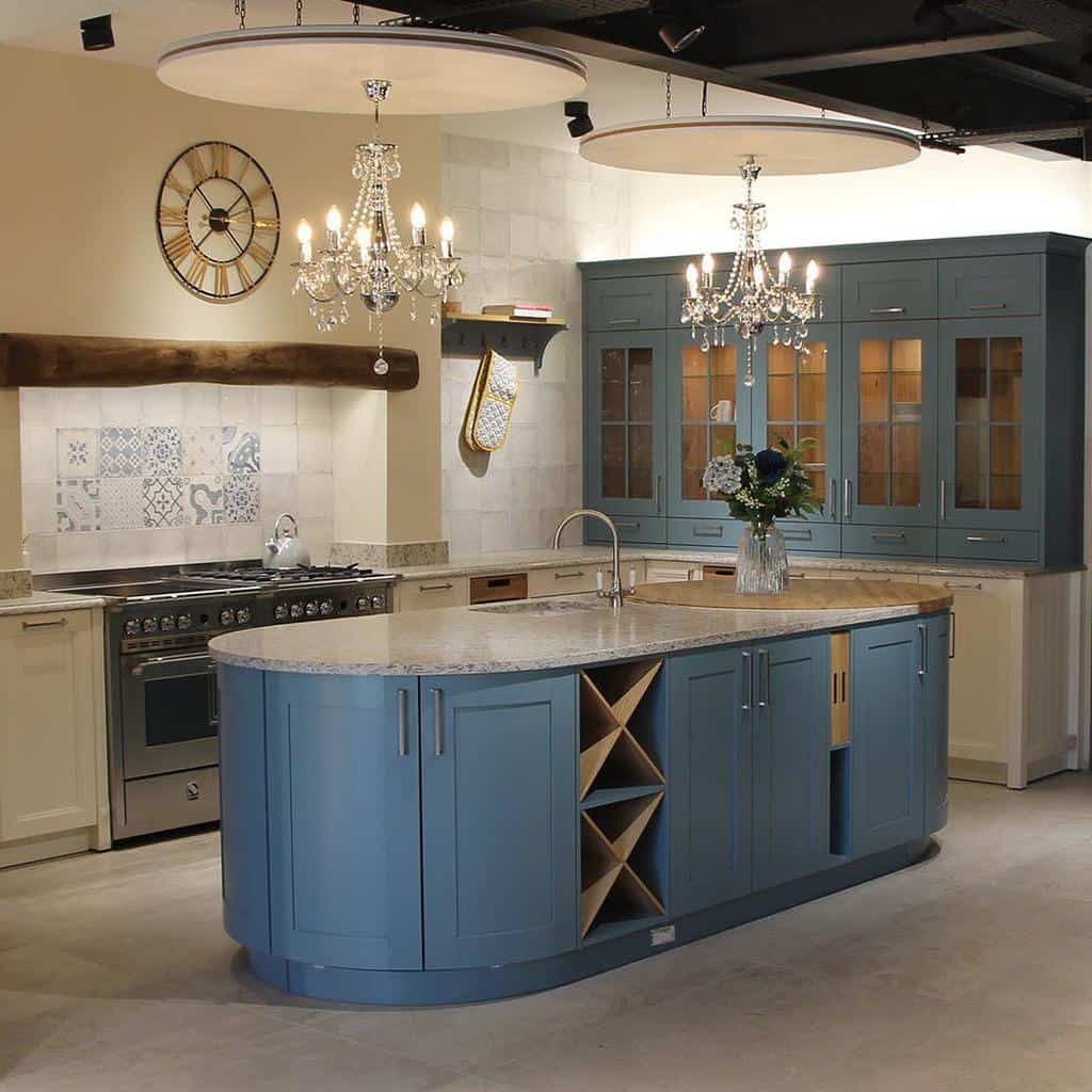 white and blue cabinet kitchen granite countertops two glass chandeliers