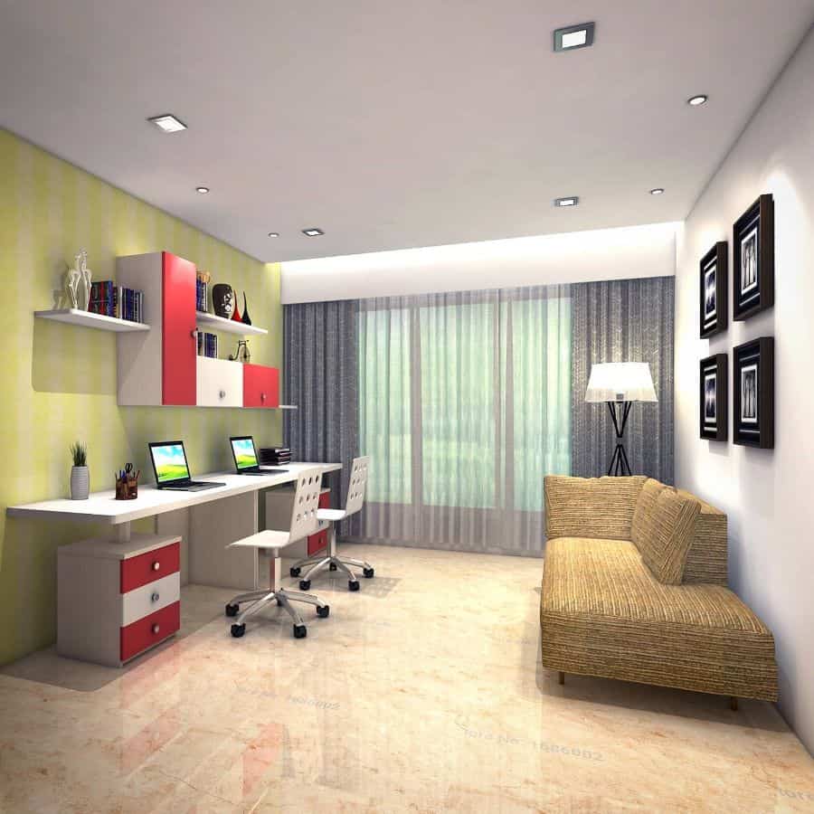 modern home office with desk and sofa 