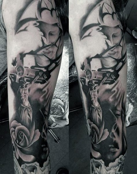 Jesus On Cross And Rose Religious Tattoo Male Sleeves