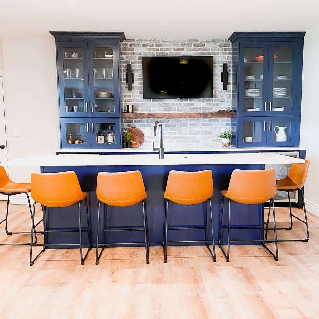 country wet bar blue cabinets orange chairs
