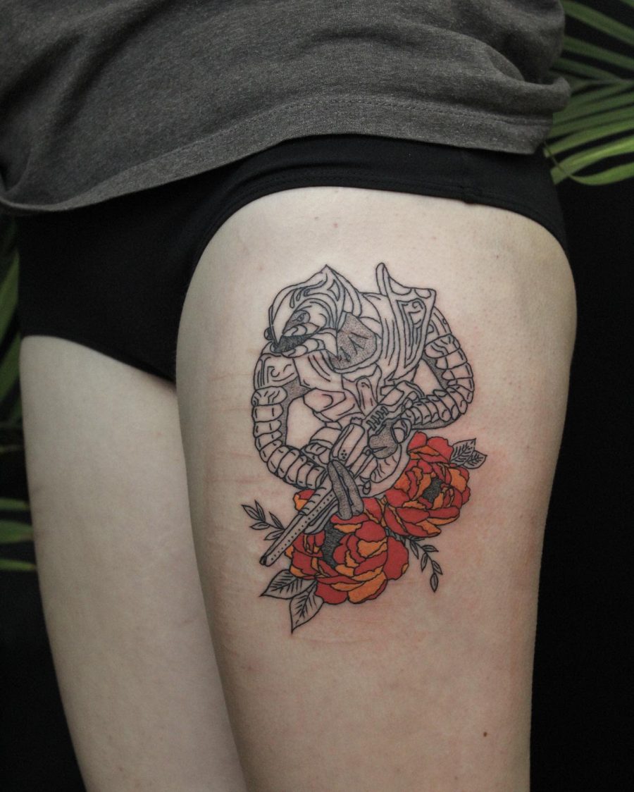 Linework Alien Thigh Floral Tattoo Womens