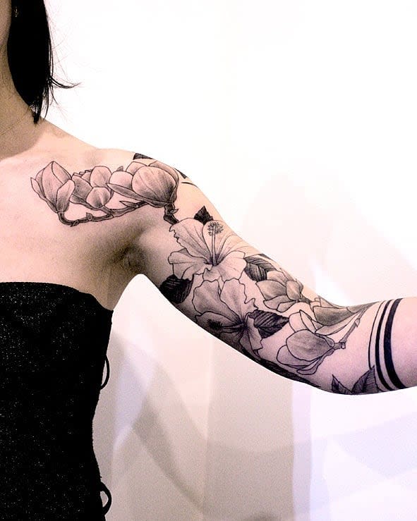 Linework Flower Tattoo Sleeve la_french_sarah
