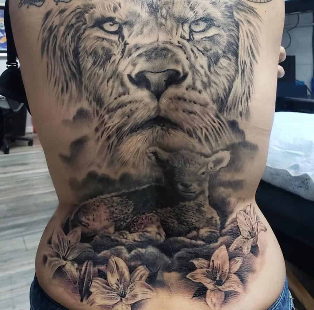 Lion and Lamb Back Tattoo goldentriangleartstudio