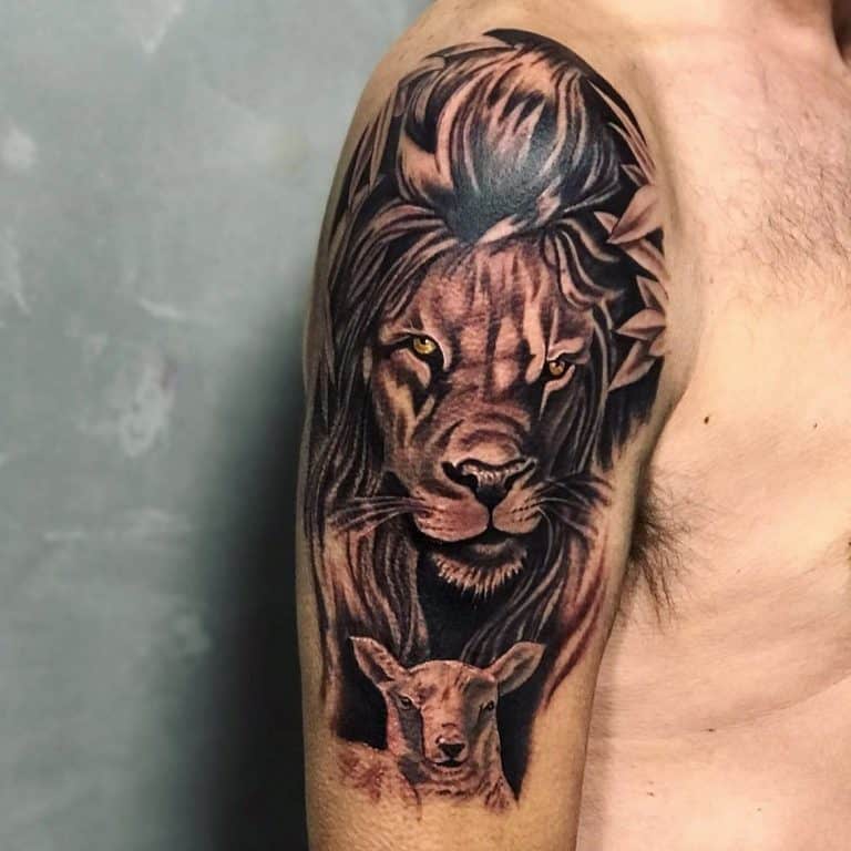 Top 63 Best Lion And Lamb Tattoo Ideas 2021 Inspiration Gallery   Lion And Lamb Shoulder Tattoo Cajactattoo 768x768 