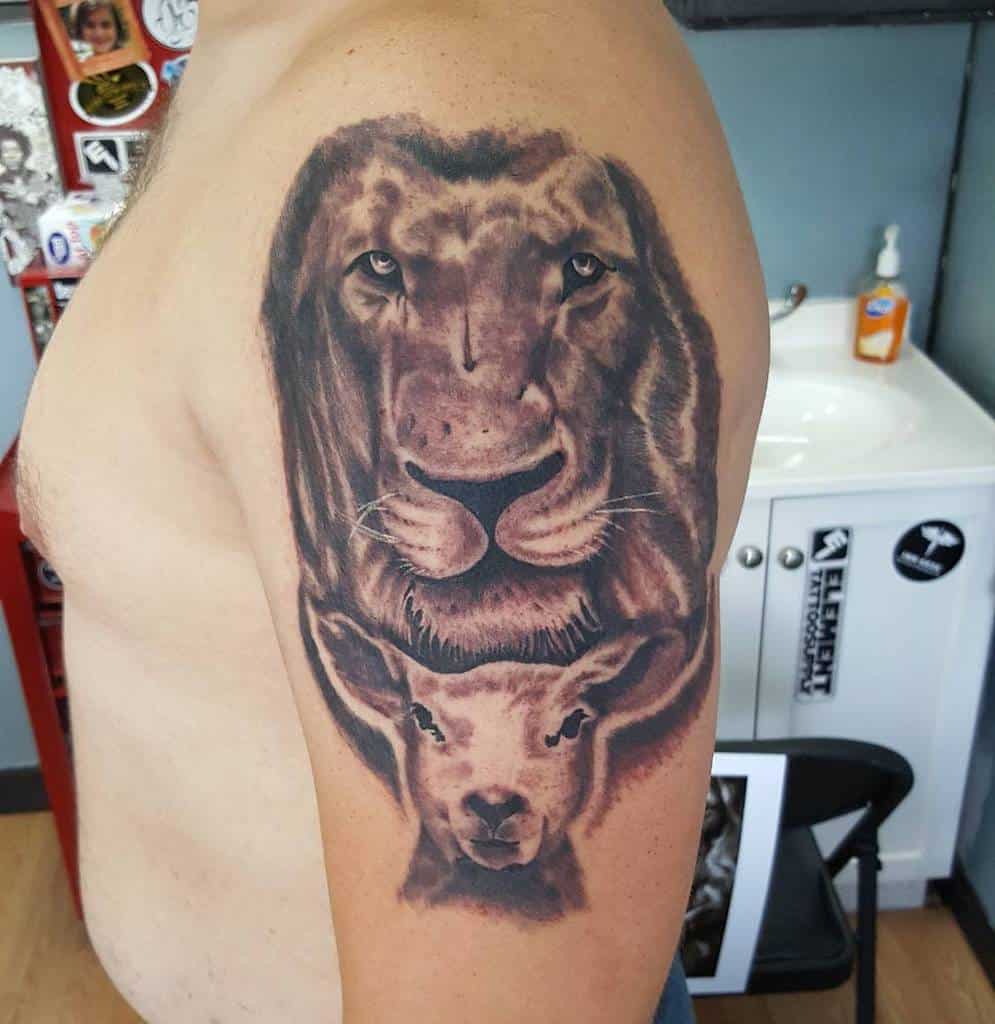 Lion and Lamb Shoulder Tattoo js.tattoos