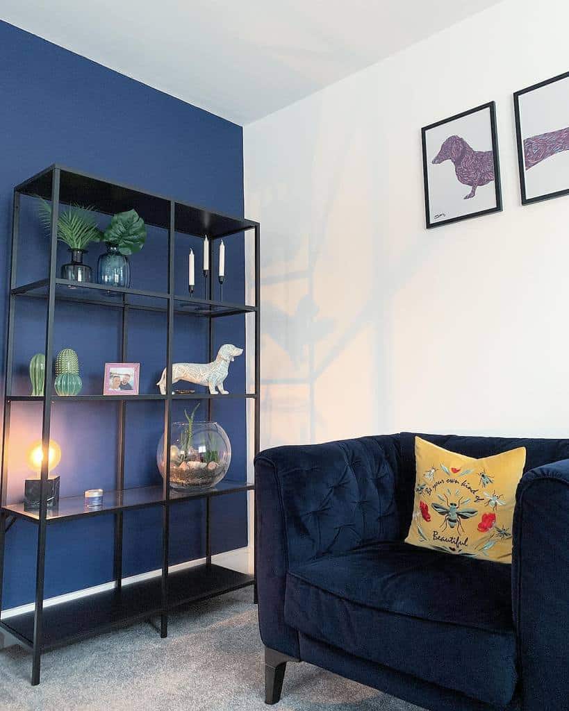 blue accent wall living room with black shelving unit 