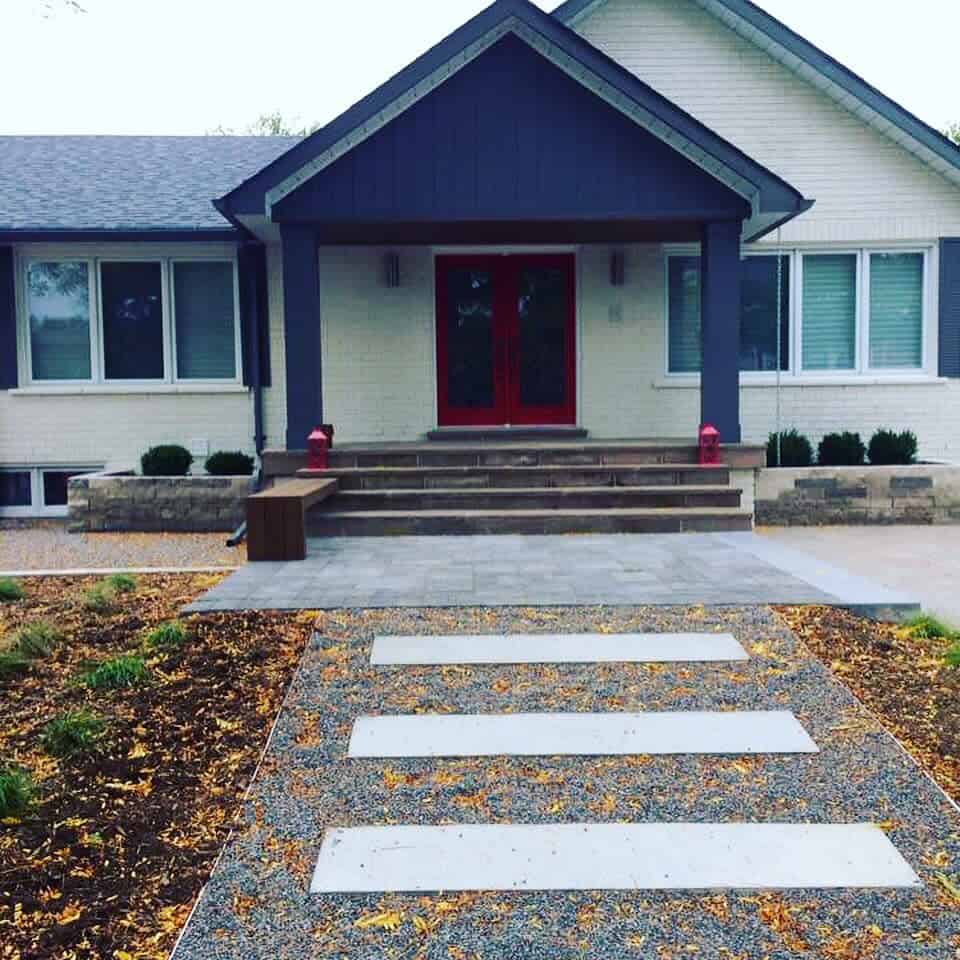 front yard paved patio steps mulch garden 