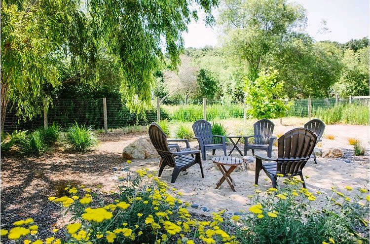 large backyard brown wood table and chairs yellow flowers 