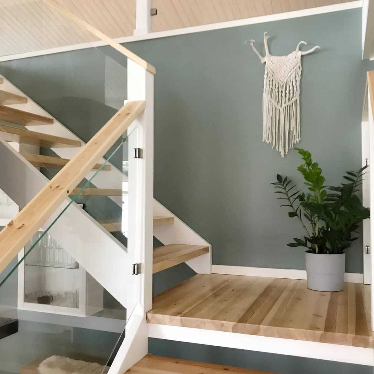 simple wood staircase in boho home