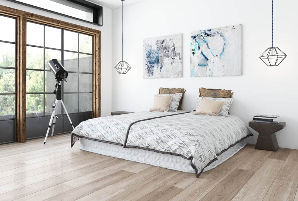 minimalistic bedroom canvas wall art pendant lighting telescope