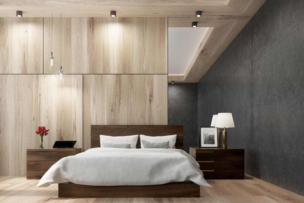 luxury modern bedroom with wood panel wall