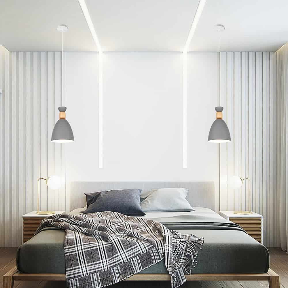 white bedroom gray platform bed pendant lighting