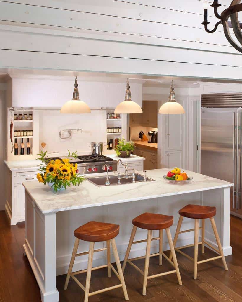 country kitchen marble countertop wood stools 