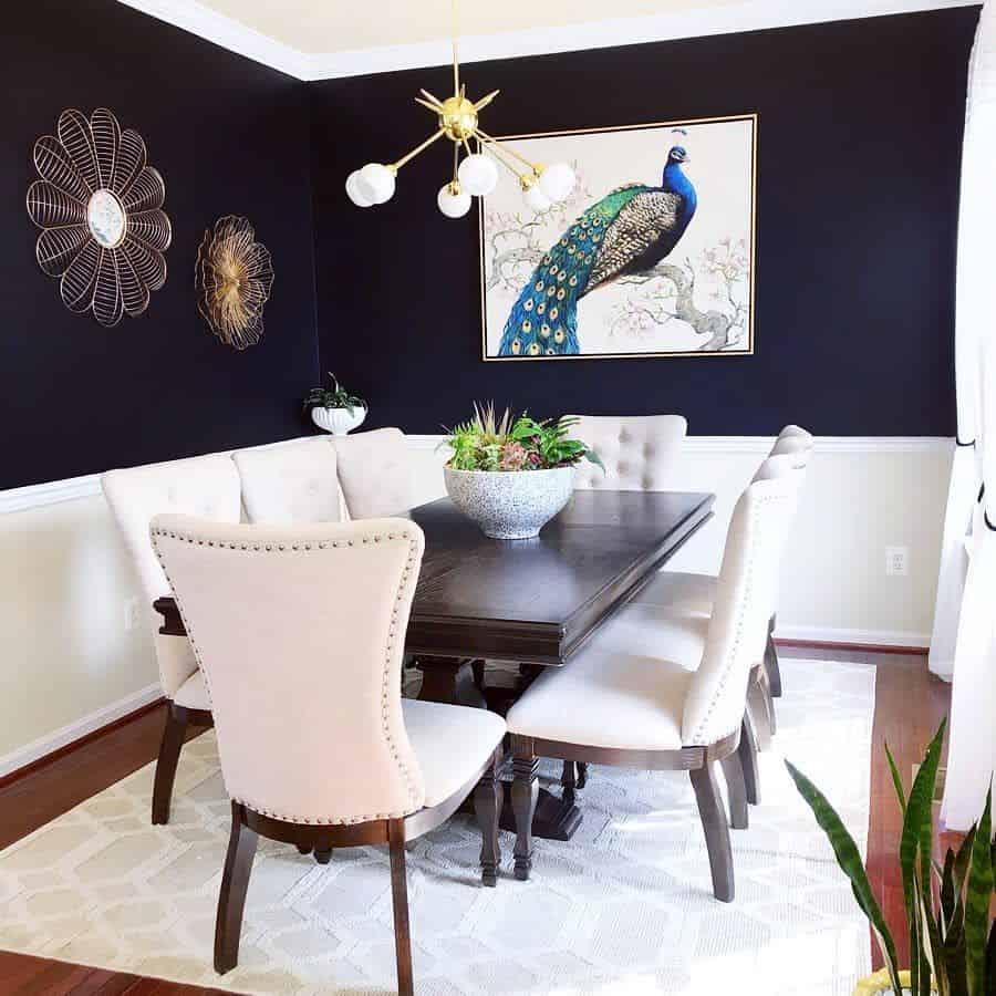 two tone blue and white dining room brown table white chairs sputnik chandelier peacock wall art
