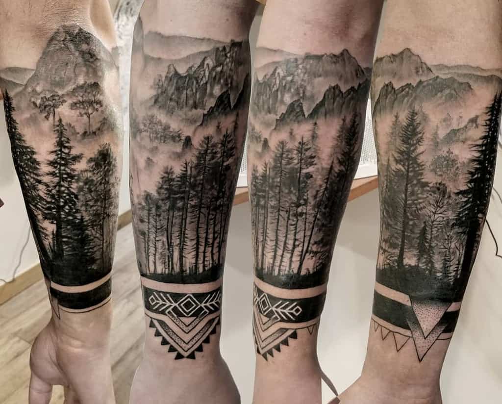 Mountain Tree Arm Tattoo chloetattooartist