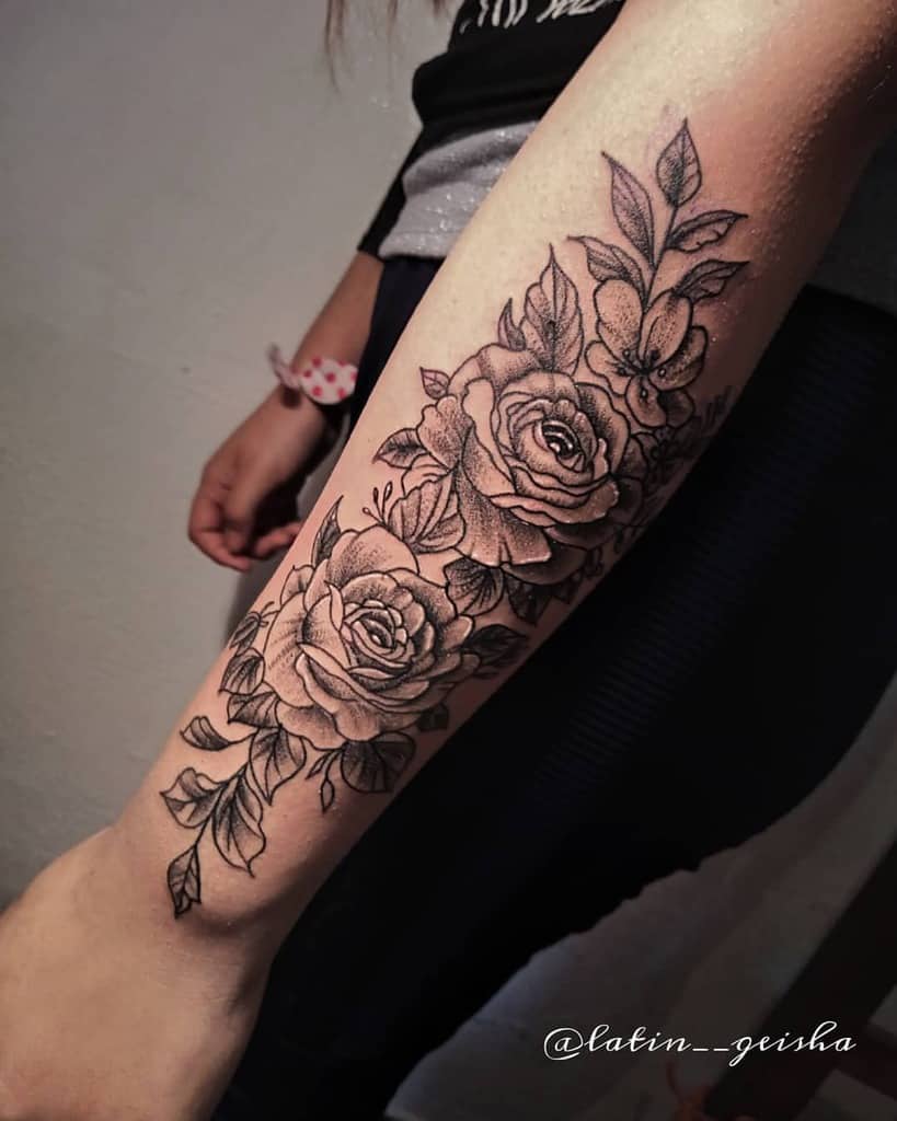Outer Forearm Rose Tattoos latin__geisha