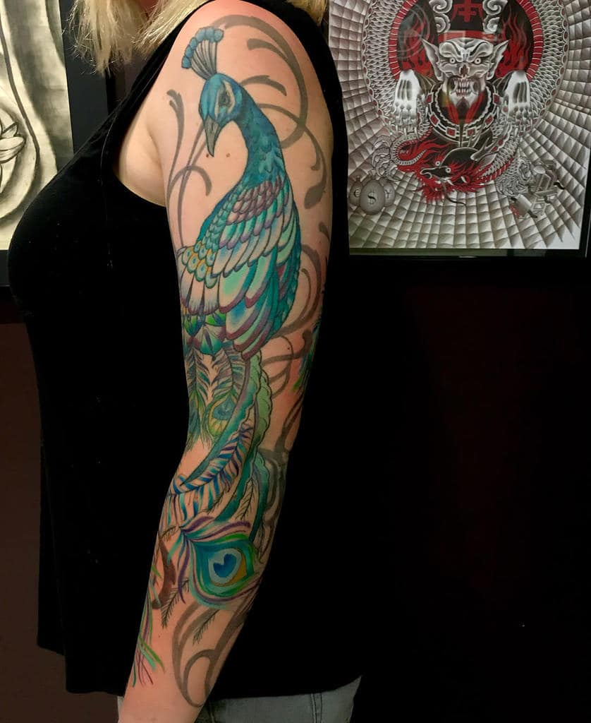 Peacock Sleeve Tattoos for Women aceofwands_tattoo