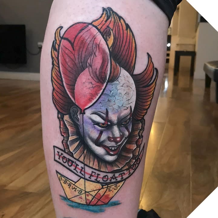 Hamish Tattoos - Pennywise for Ben today, part of a Steven King leg 🙂  Always keen on doing tattoos like this! | Facebook