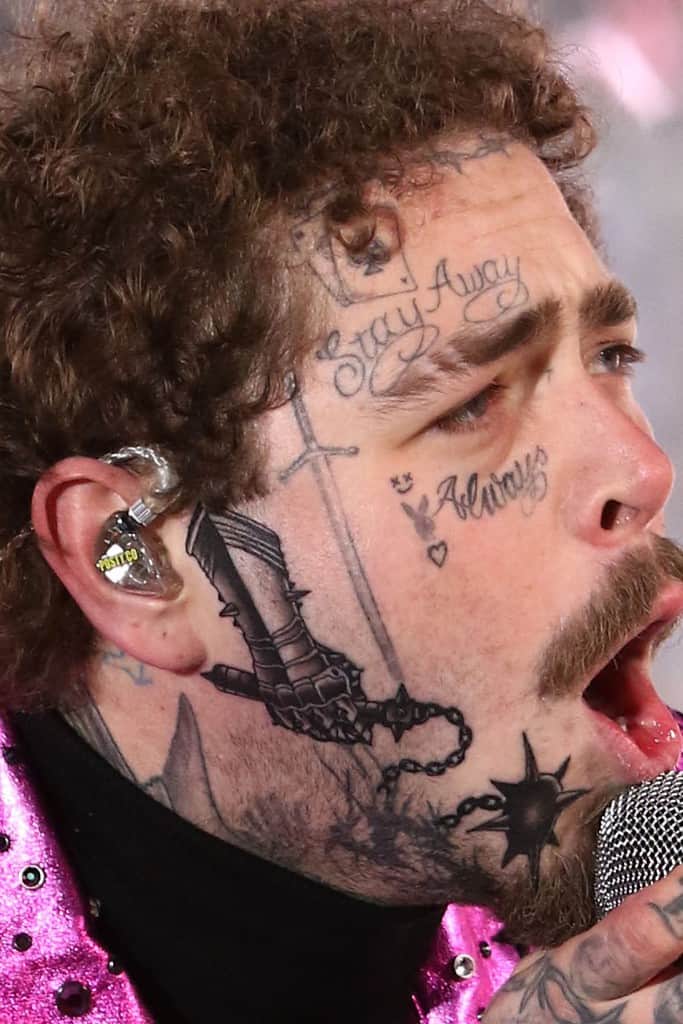 Post Malone Gauntlet And Morningstar Face Tattoo
