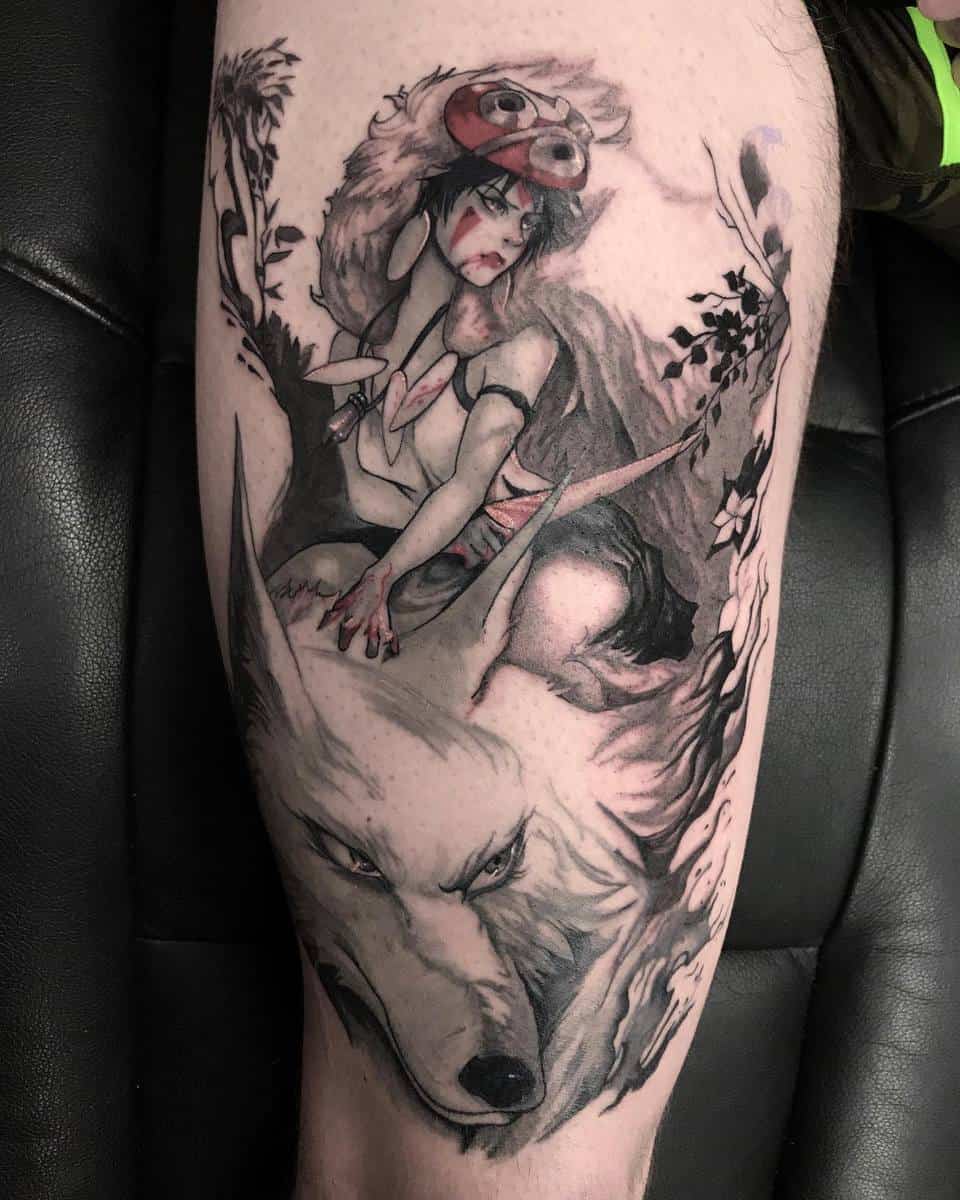 My finished  fully healed black and white Studio Ghibli  Princess  Mononoke sleeve Done by Dustin Ward out of Capital Tattoo in Edmonton AB  Plans to potentially add to it in