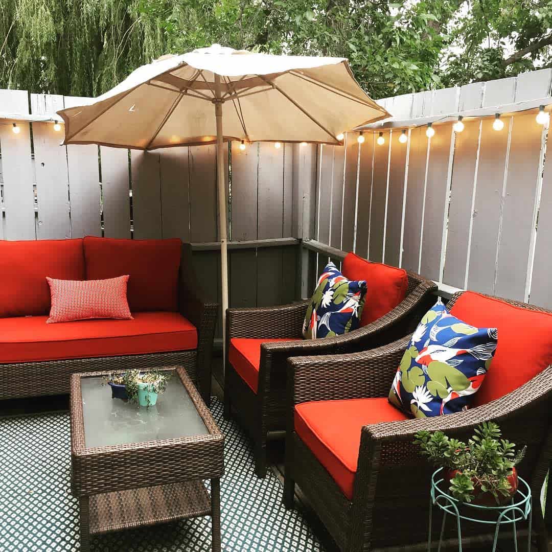 corner patio with wicker furniture 