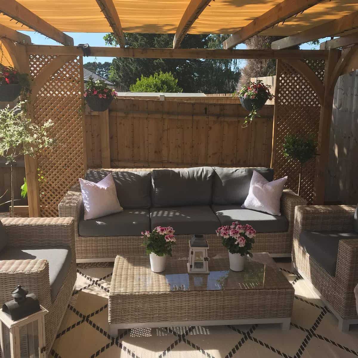wood patio with wicker furniture 