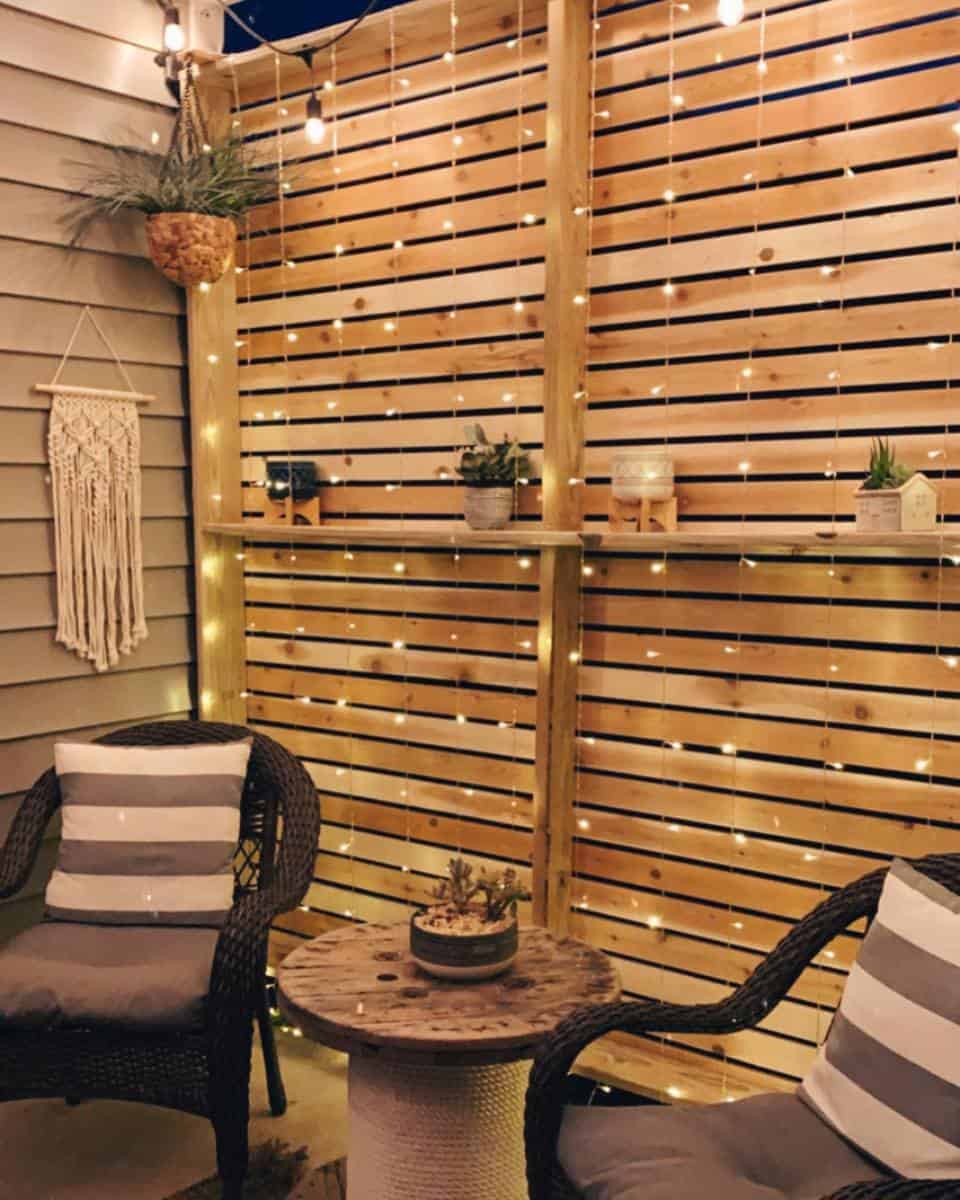 privacy wood patio with string lights