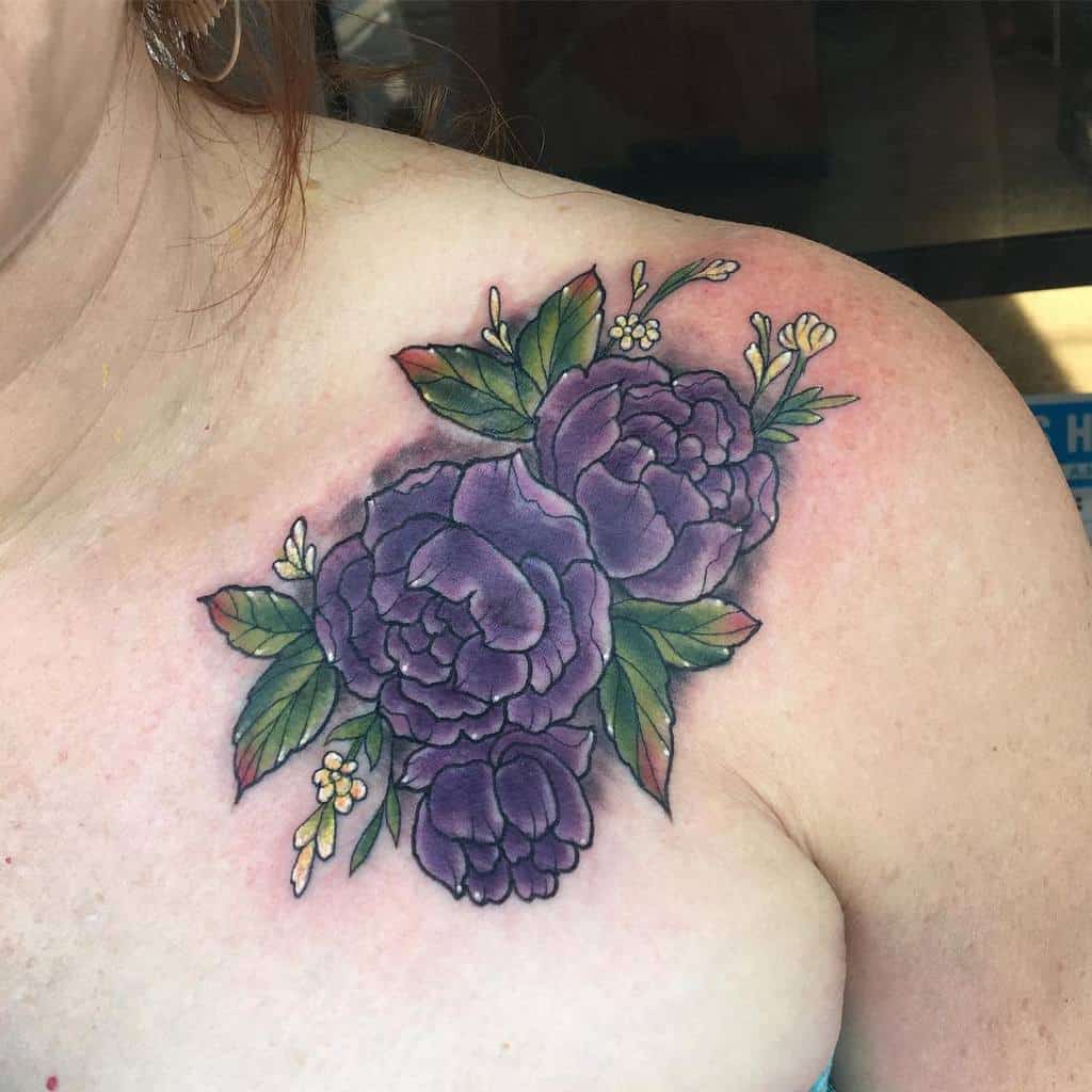 Purple Flower Shoulder Tattoo lesshesstattoos
