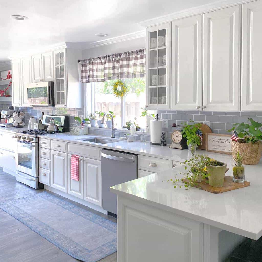 country style kitchen white cabinets quartz countertop small plants 