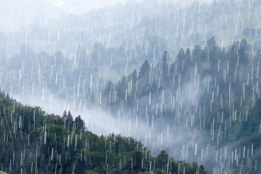 Rain over forest mountains