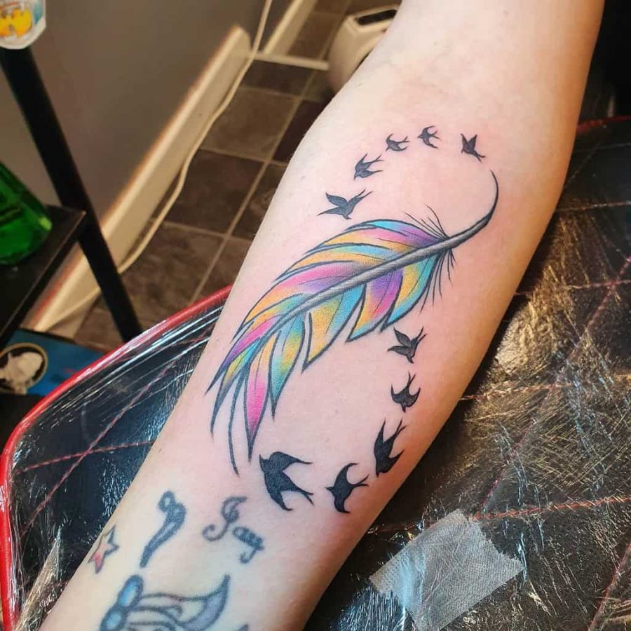 Rainbow Color Infinity Feather Womens Tattoo