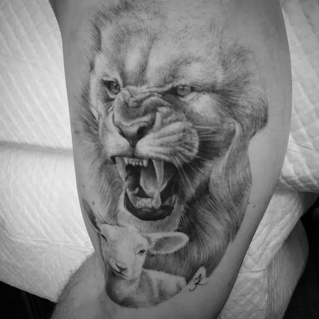 Realistic Lion and Lamb Tattoo jfk_tattoo