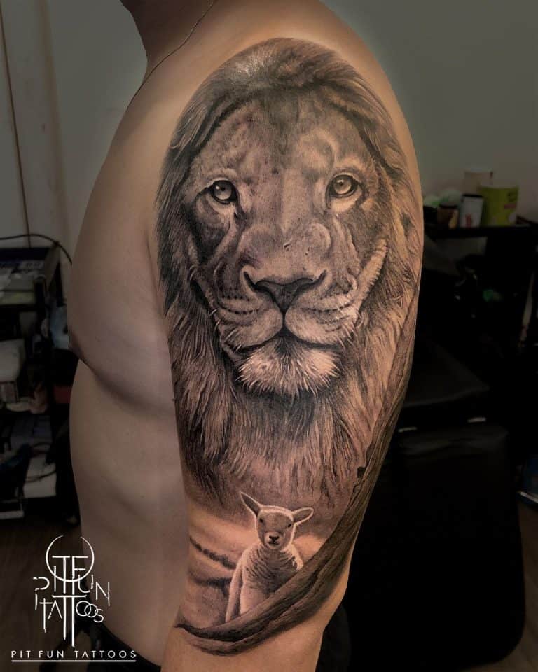 Lion And Lamb Tattoo Design Ideas   Realistic Lion And Lamb Tattoo Pitfuntattoos 768x960 