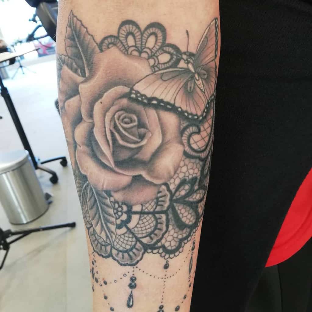 Realistic Rose With Butterfly And Lace Tattoo