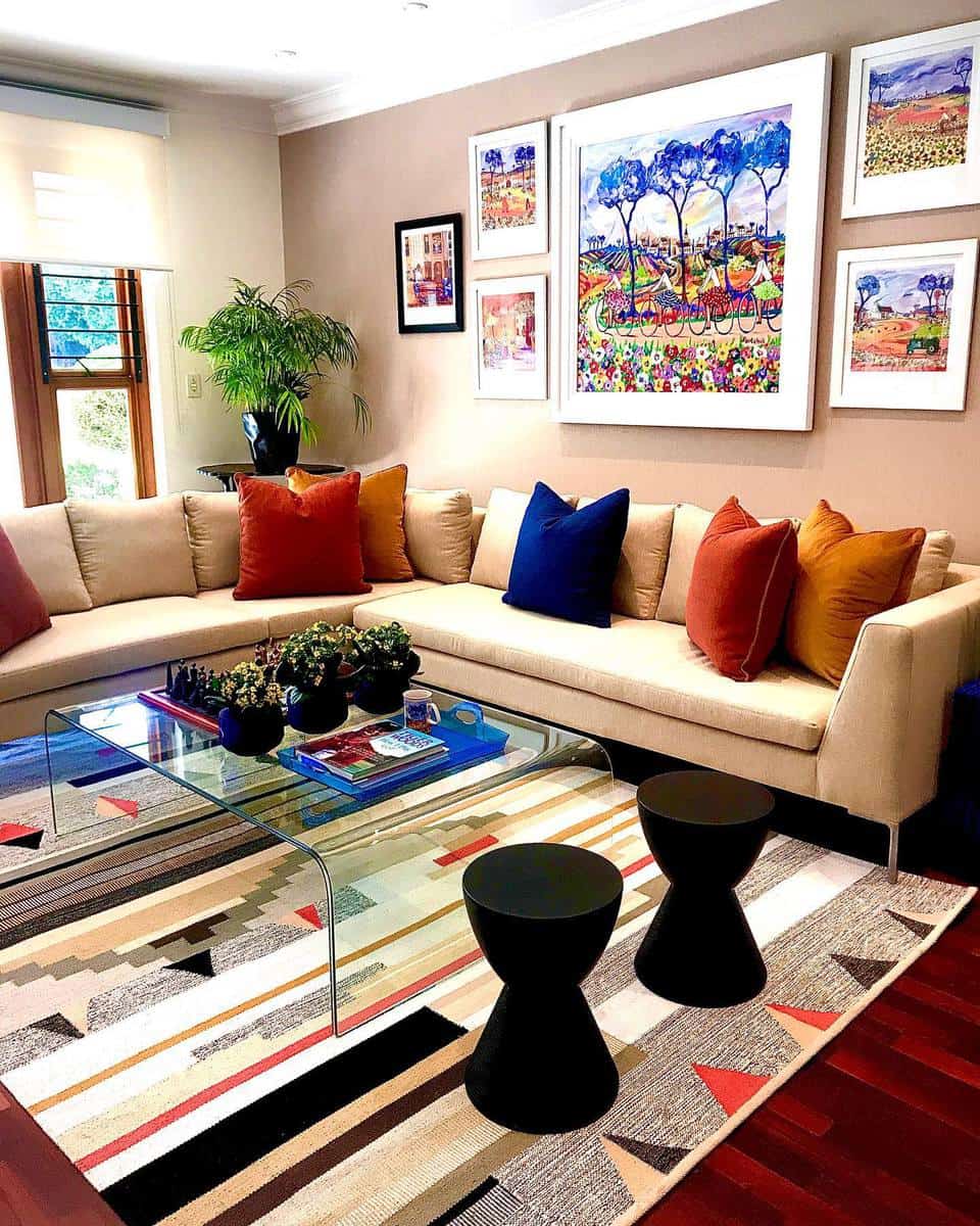 colorful living room l-shape sofa glass table 