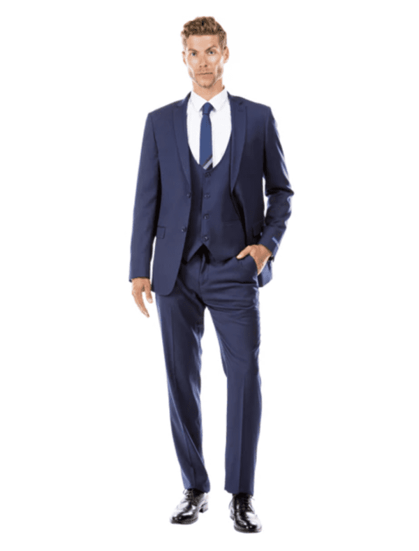 Man in blue pinstripe suit from Flexsuits. Three piece suit