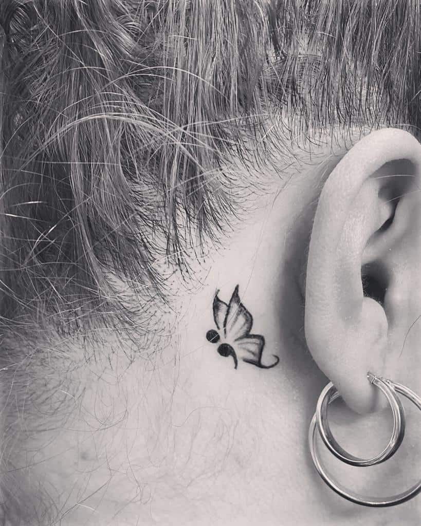 Flying Semicolon Butterfly Tattoo Behind Ear
