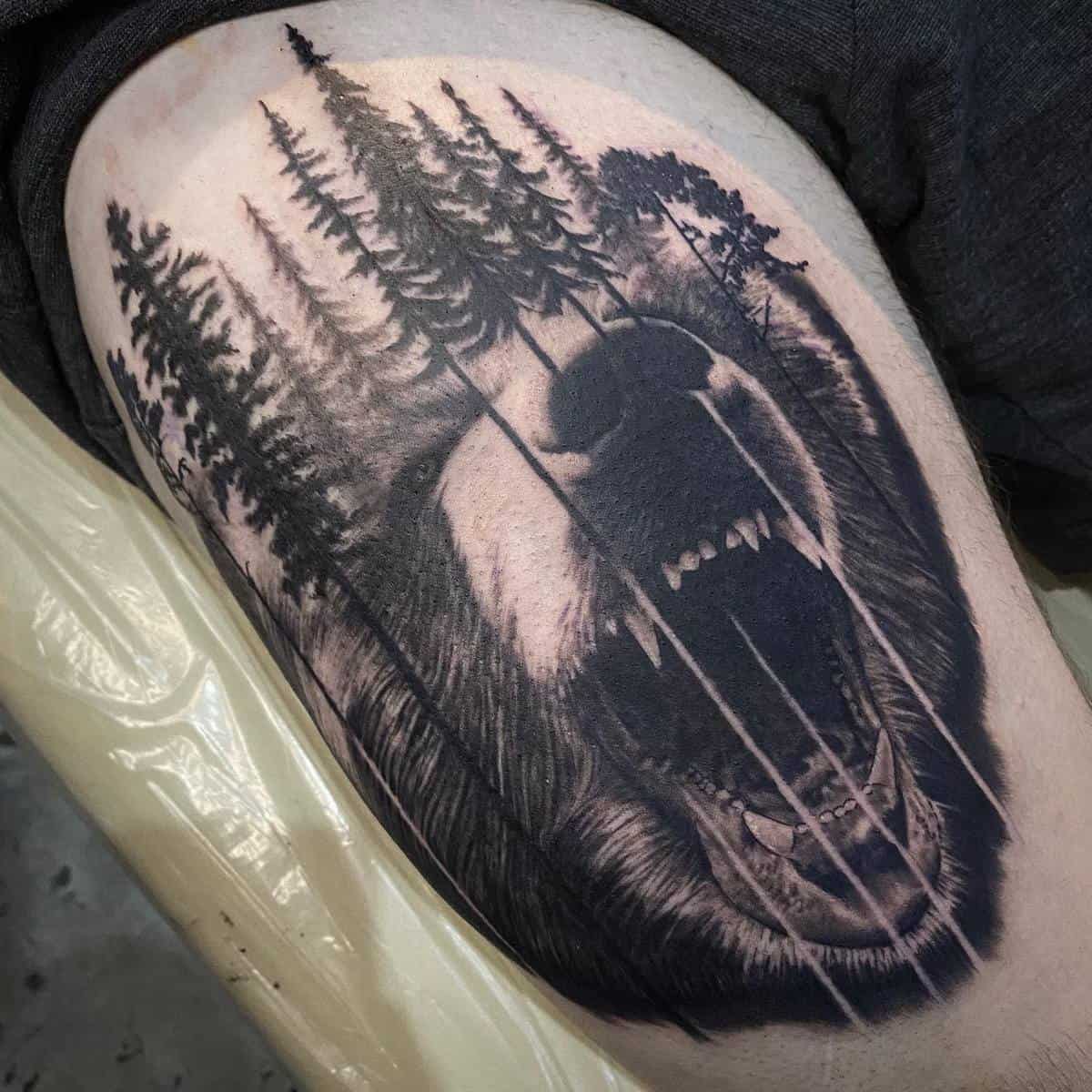 Black and Grey Realism Bear Forest Tattoo - Love n Hate
