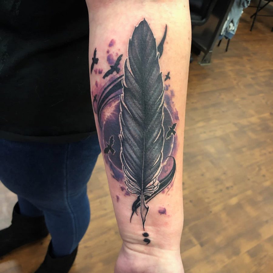 Single Feather Semicolon Womens Tattoo