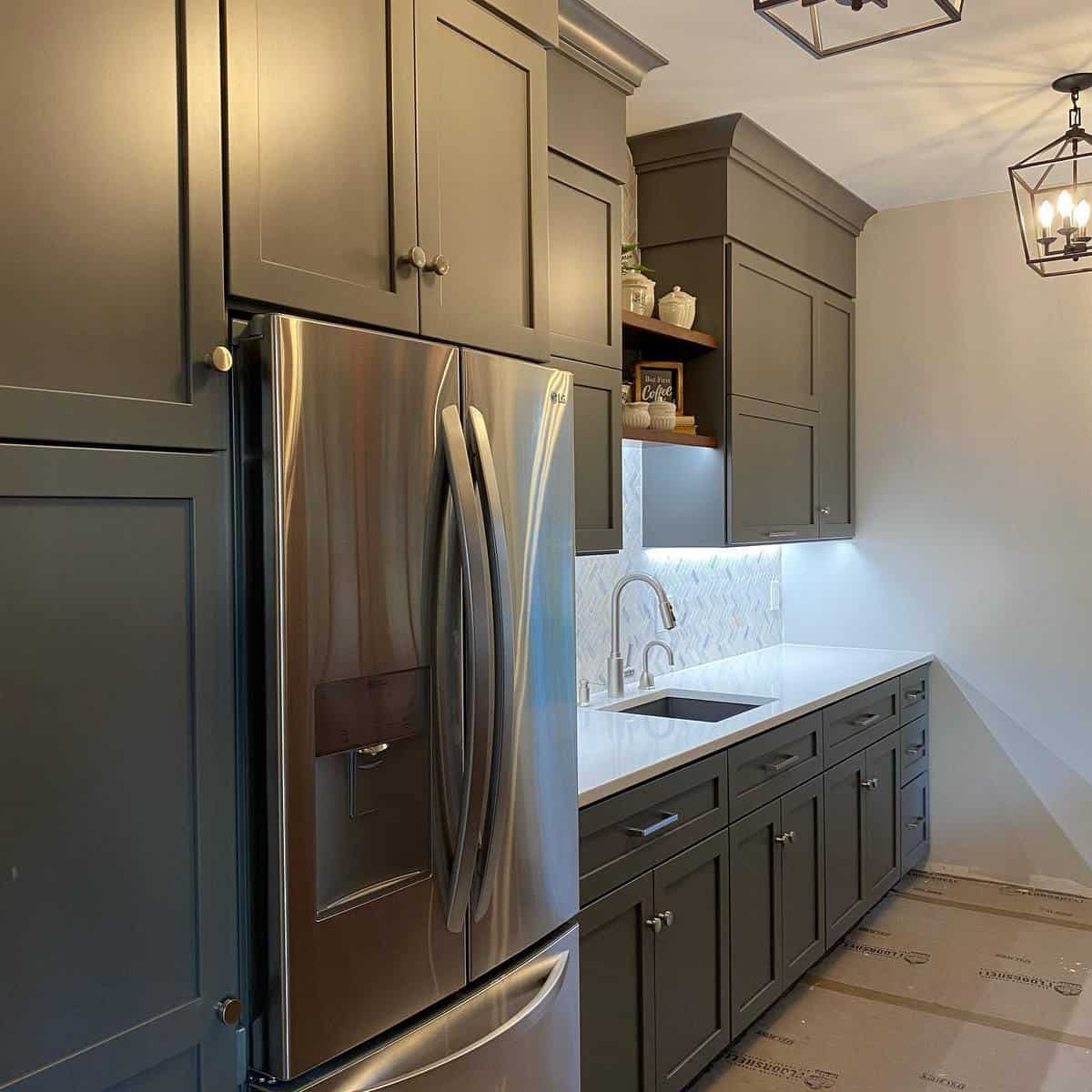 gray cabinets modern kitchen white countertop