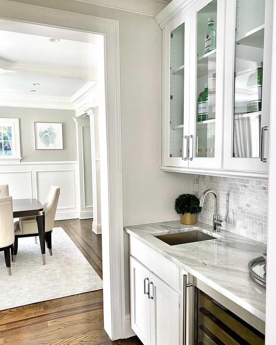 white open kitchen dining room glass cupboards 