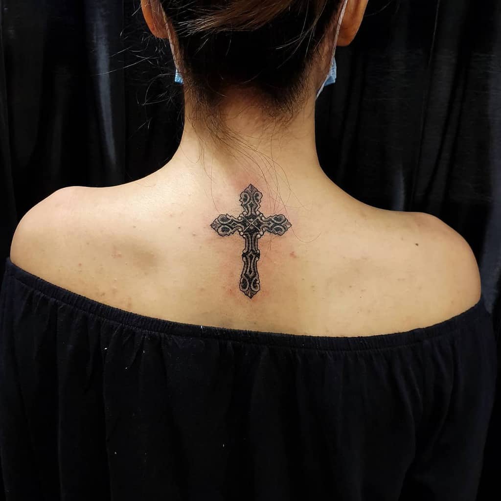 Small Cross Back Tattoo Alexleedestroyer