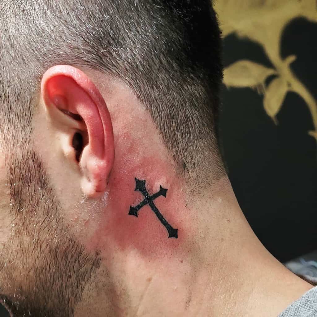 Small Cross Ear Neck Tattoo 1 Ranchos Ink