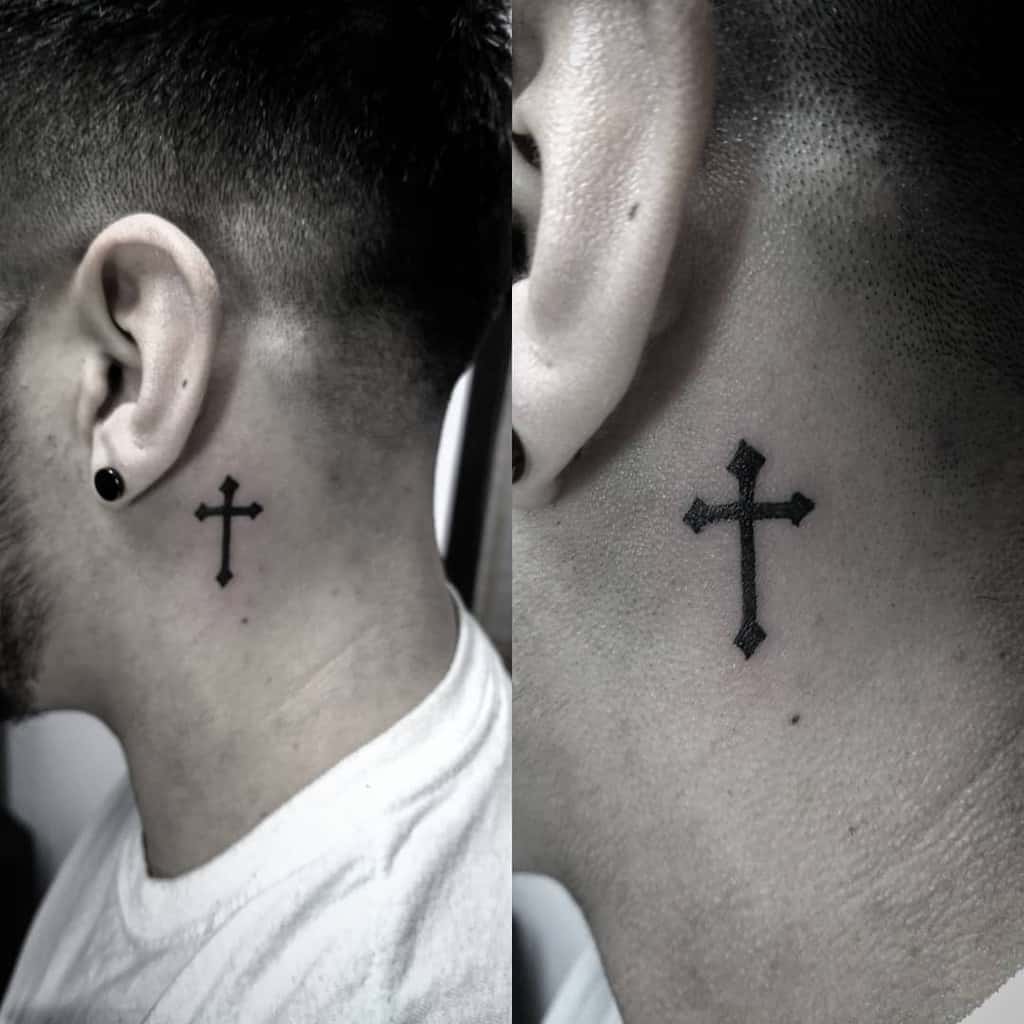 Small Cross Ear Neck Tattoo Fabiomidgard