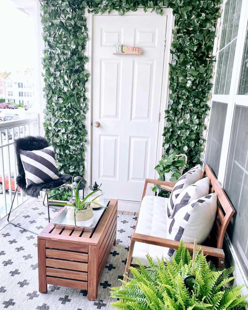 small front porch wood furniture vertical garden 